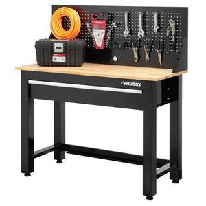 HUSKY 4 ft. Solid Wood Top Workbench with Pegboard Storage