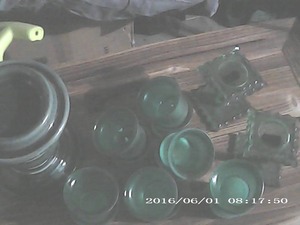 1 large green candle holder, 12 tea...