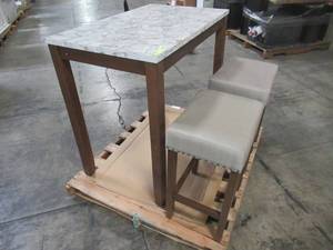 lot 320 image: Nathan James Viktor Three Piece Dining Set Kitchen Pub Table White Marble Top, Dark Brown Solid Wood Base, Light Gray Fabric Seat 41202