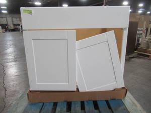 lot 344 image: Hampton Bay Shaker Assembled 36x34.5x24 in. Sink Base Kitchen Cabinet in Satin White KSB36-SSW