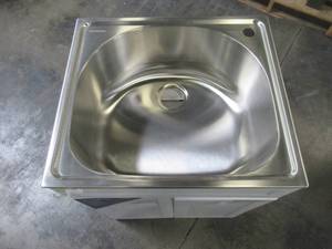 lot 203 image: Glacier Bay All-in-One 24.125 in. x 21.375 in. x 35 in. Stainless Steel Laundry Sink with Faucet and Storage Cabinet 1521US-24-262