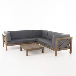 lot 138 image: Noble House Brava Grey 4-Piece Wood Outdoor Sectional Set (MISSING 2 PIECES) with Dark Grey Cushions, 55323.