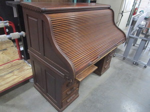 VINTAGE, QUARTER SAWN OAK, ROLLTOP DESK WITH HAND CARVED TRIM