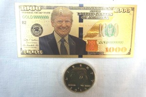 lot 19 image: commeriative trump coin and bill