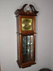 lot 15 image: Wall Mount Grandfather Style Clock w Glass Shelves