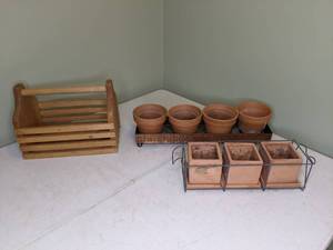 lot 182 image: Terra Cotta Pots w Holders, Wood Basket