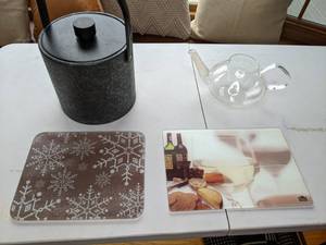 lot 68 image: Ice Bucket, Glass Tea Kettle, Serving Platters