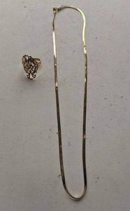 lot 73 image: 14K Herringbone Necklace Chain & Ring