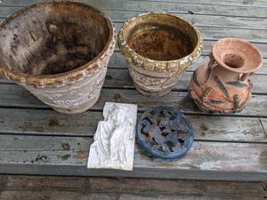 lot 56 image: Decorative Planters, Rolling Plant Stand, Outdoor Decor