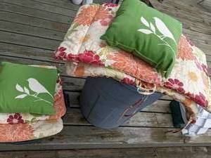 lot 57 image: Patio Seat Cushions, Pillows & Trashcan