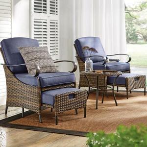 lot 40 image: Layton Pointe 5-Piece Brown Wicker Outdoor Patio Conversation Seating Set with CushionGuard Sky Blue Cushions