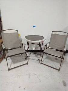 lot 4 image: 2 Mix and Match Folding Steel Sling Outdoor Dining Chair in Riverbed Taupe  AND 24.6 in. Dark Taupe Folding Round Metal Outdoor Patio Bistro Table