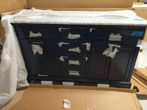 lot 68 image: HOME DECORATORS COLLECTION Windlowe 61 in. W x 22 in. D x 35 in. H Bath Vanity in Navy Blue with Carrara Marble Vanity Top in White with White Sink