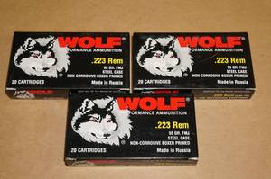 lot 42 image: 60 Wolf .223 Rem 55 Gr FMJ Steel Case Ammo