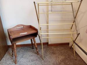 22 Vintage Very Cute Wooden Accent End Table, 60s Clothing Dry Rack, Wire Basket