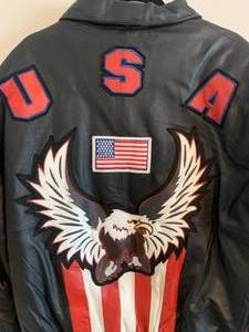 lot 44 image: Mens Eagle American Flag Motorcycle Leather Jacket 2XL