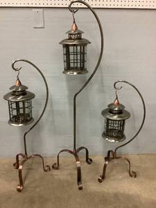 lot 5 image: Lot of 3 Copper Patio Lanterns with Stands