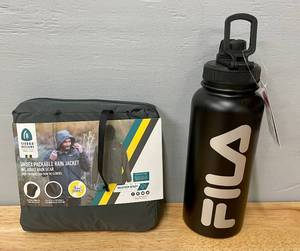 lot 68 image: Adult Packable Rain Jacket ML & Fila Stainless Steel Water Bottle