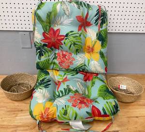 lot 74 image: Tropical Wicker Patio Chair Cushion Set & 2 Wicker Baskets