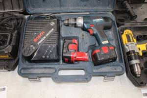 lot 84 image: Bosch 14.4V Cordless Brute Tough Drill  with DeWalt 18VDC Batteries (x2), Charger and Plastic Case