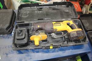 lot 183 image: DeWalt 18V Cordless Reciprocating Saw Variable Speed DC385  with Batteries (x2), Charger, Plastic Case