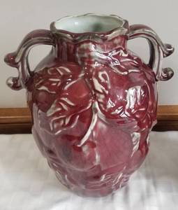 lot 157 image: Pair of Burgundy and Taupe Cherry Ceramic Vases
