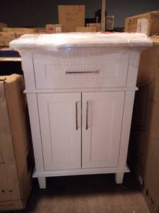 lot 48 image: Sonoma 24 in. W x 20.25 in. D Vanity in White with Carrara Marble Top with White Sinks by Home Decorators Collection