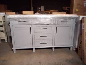 lot 58 image: Sonoma 60 in. W x 22 in. D Double Bath Vanity in Pebble Grey with Carrara Marble Top with White Sinks by Home Decorators Collection