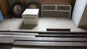 lot 9 image: Start Of Homemade Fish House Steel Pipes  2 Tires  Window   Mini Refrigerator