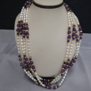 lot 174 image: PEARL AND AMETHYST GOLD PLATED NECKLACE