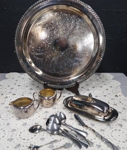 lot 193 image: SILVERPLATE TRAY, CREAMER, SUGAR BOWL AND BUTTER DISH