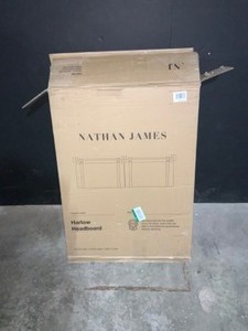 NATHAN JAMES HARLOW 62 IN. QUEEN WALL MOUNT GRAY UPHOLSTERED HEADBOARD ADJUSTABLE BROWN STRAPS AND BLACK METAL RAIL. SEE PICTURES