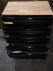 HUSKY HEAVY DUTY WELDED 18-GAUGE STEEL 5-DRAWER GARAGE BASE CABINET IN BLACK (28 IN. W X 32 IN HX 21.5 IN. D). SEE PICTURES