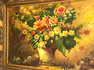 lot 13 image: Large Floral Oil on Canvas in a Stunning Elaborate Gold Frame