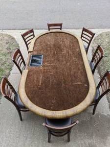 lot 3 image: Large Oval Poker Table with Dealer Cutout & Eight Chairs