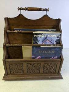 lot 96 image: Vintage Wood Magazine Holder with Books