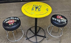 lot 14 image: Fish Eye Bistro Table & Jim Beam Barstools (2 of 2)