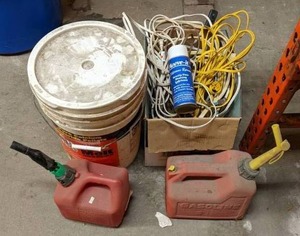 lot 72 image: Gas Cans, Extension Cords, Silicone Spray, Ice Melt
