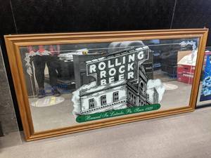lot 92 image: 34 x 64 Framed Rolling Rock Beer Mirror