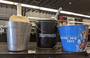 lot 101 image: Four Metal Beverage Buckets & Two Scoops