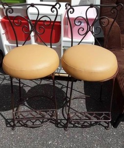 lot 14 image: Pair Of Wrought Iron Frame Stools