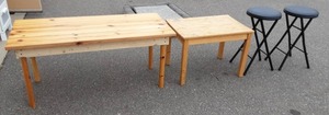 lot 22 image: 2-Pine Tables, 2-24 folding Stools Large Knotty Pine 49x22x22, Small Knotty Pine 28x19x20