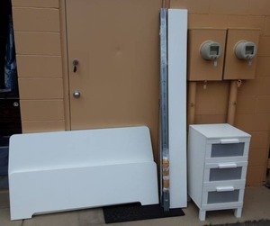 lot 23 image: Ikea Full Size White Bed 55.5-Head Board, Footboard, Rails & Matching 3-Drawer Night Stand 16x16x32. Matches #3