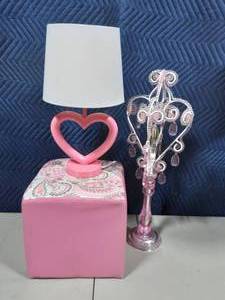 lot 27 image: Pink Cube Ottoman, 2-Fancy Pink Lamps