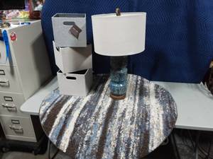 lot 29 image: 32 Pottery Lamp with Shade, 3-Storage Bins, Round Rug By Safaviah 4x4