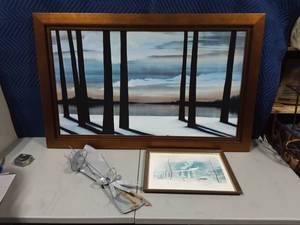 lot 33 image: Large Framed Winter Scene By Gerard Art 54x31 (Made In Canada), Decorative Metal Skis 26, Framed House Of Decision 16x20 By Thomas E. Kennedy