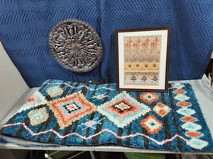 lot 35 image: Runner rug By Momeni 27x96, Framed Print 18x22 By Alphonse Marle Muche, Sculpture (Mogul Charger With Stand) 18x27