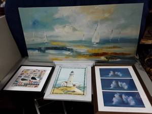 lot 36 image: Canvas Sailboats 60x30, Framed Lighthouse By A. Lupin 30z22, Lighthouse Folk Art 24x20 By Wegner & Sea Gulls 19x19