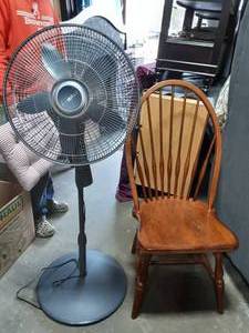 lot 46 image: Wood Bow Back Chair, Lasko Floor Fan