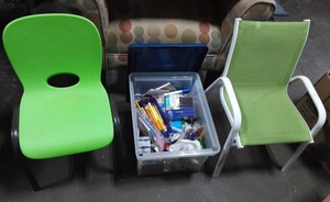 lot 48 image: 2-Kids Chairs, Box Of Markers, Office & Art Supplies